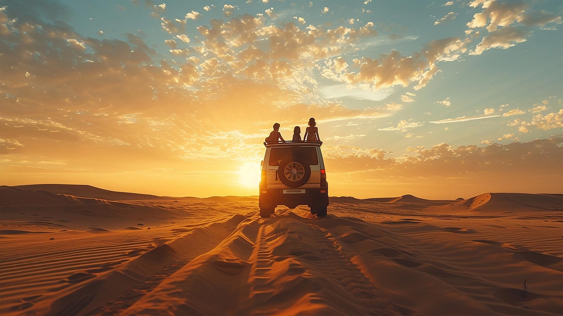 A serene desert safari at sunset with a group enjoying the view from the roof of a 4x4 vehicle.