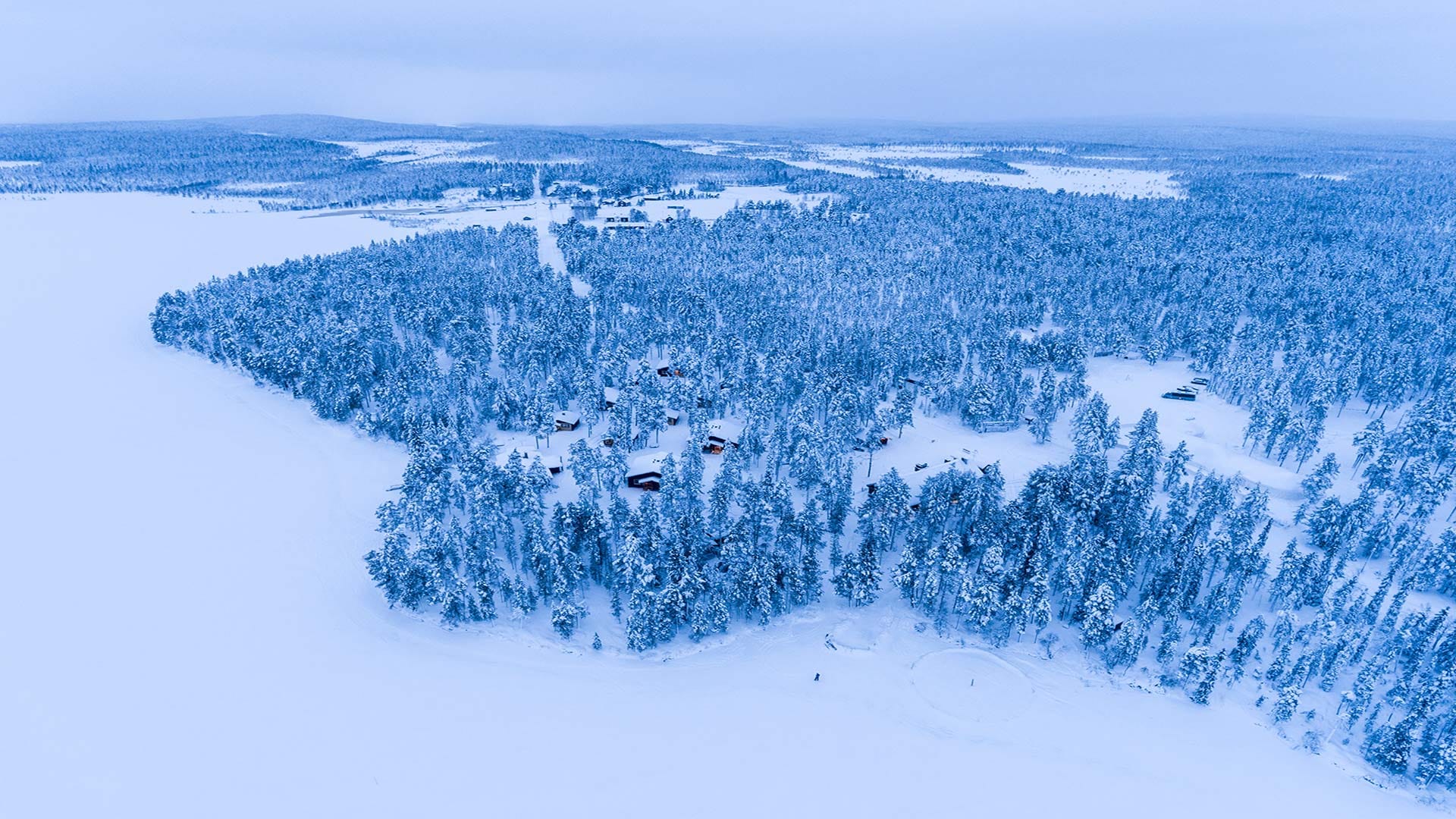 Aerial view of a vast snow-covered forest with scattered houses in Inari, Finland.