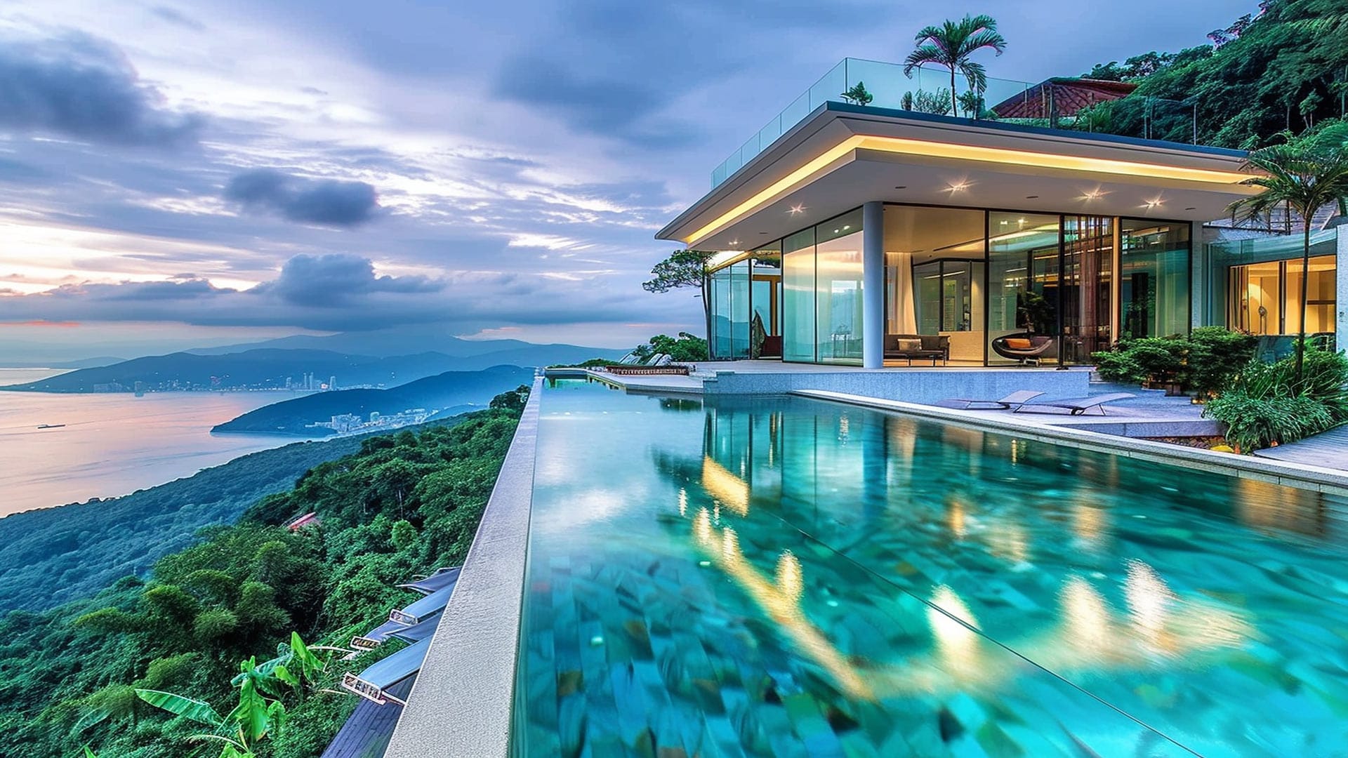 Luxury villa with an infinity pool overlooking the coastline at sunset.