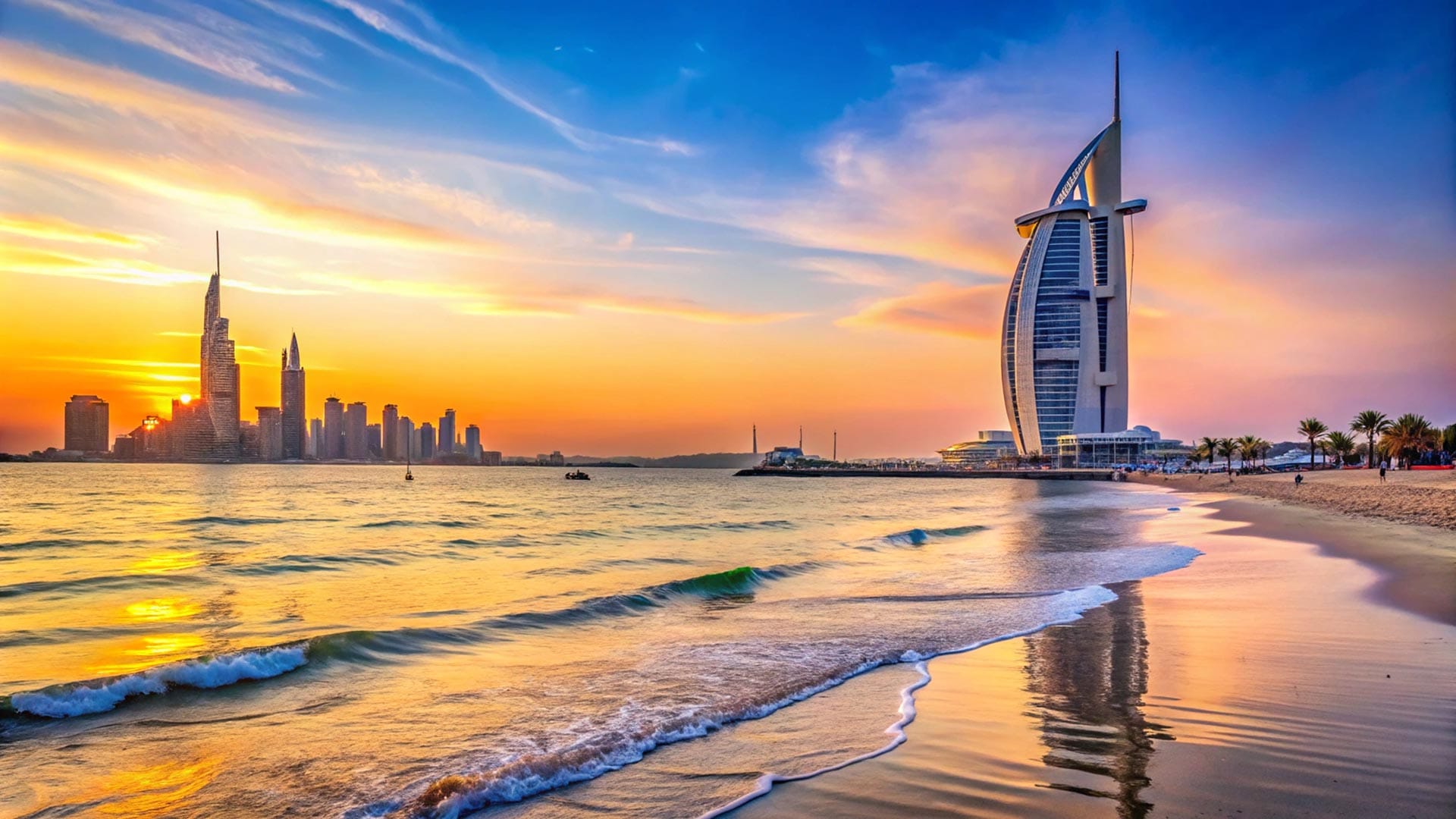 The iconic Burj Al Arab at sunset, reflecting vibrant hues on the calm waters of Jumeirah Beach.