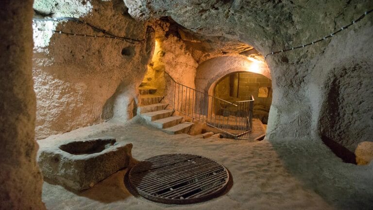 A view inside the Kaymakli Underground City, showing carved stone rooms, a set of steps, metal grates, and warm lighting illuminating the ancient tunnels.