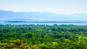 A lush green landscape with a view of the sea and islands from Mitra's Ranch in Palawan, Philippines.