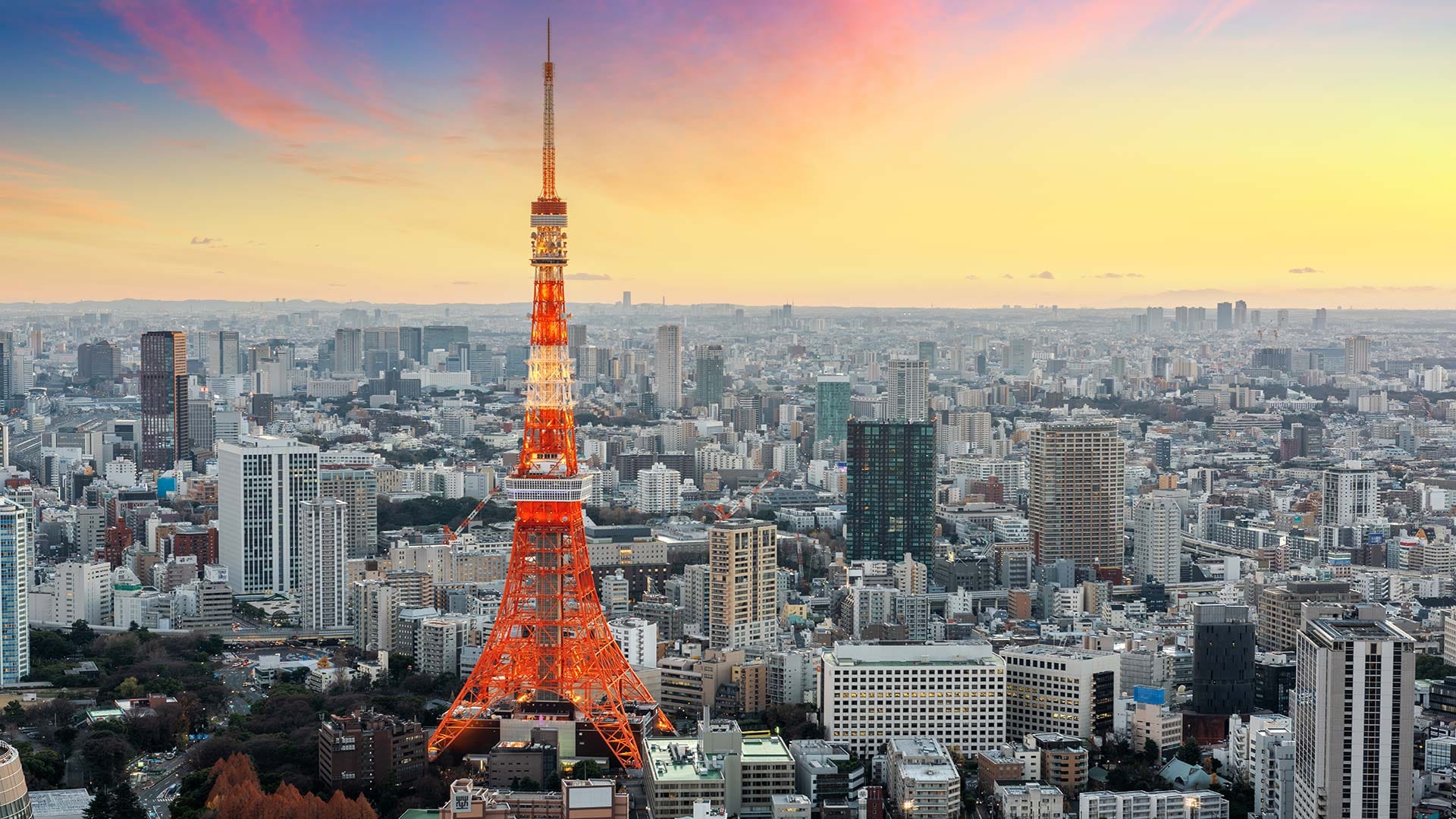 Tokyo Tower glowing at sunset with a panoramic view of the city skyline
