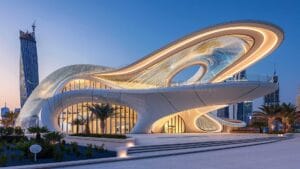 The futuristic architecture of Yas Mall in Dubai, illuminated at dusk with its sleek curves and modern design.