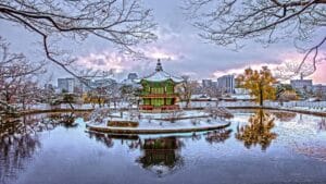 Gyeongbokgung Palace in Seoul, South Korea, covered in snow during winter