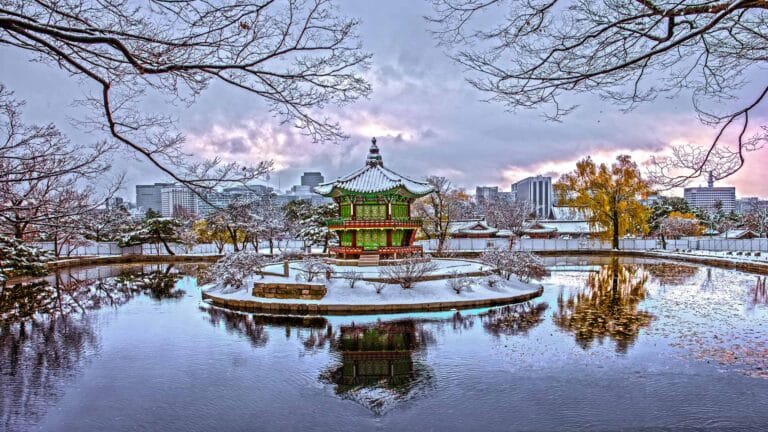 Gyeongbokgung Palace in Seoul, South Korea, covered in snow during winter