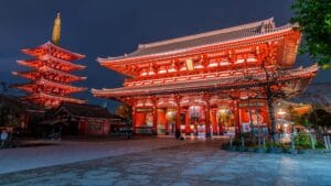 Illuminated Senso-ji Temple and Pagoda at Night in Tokyo, Japan"