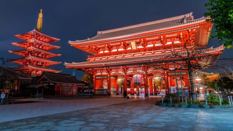 Illuminated Senso-ji Temple and Pagoda at Night in Tokyo, Japan"