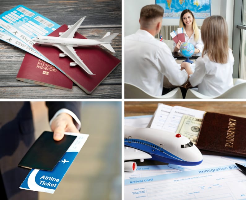 Airplane model on top of passports and boarding passes on a wooden table