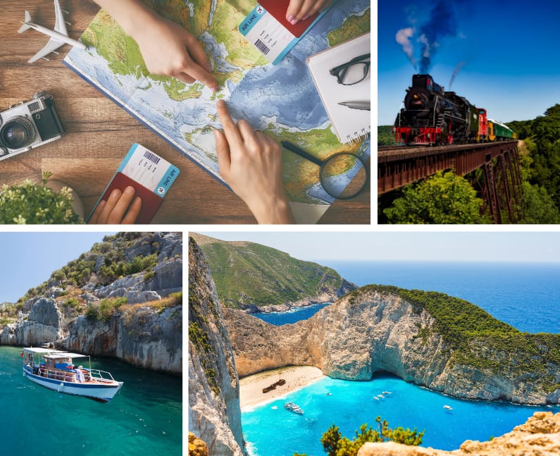 Hands pointing at a destination on a world map with travel essentials like a camera and airline tickets