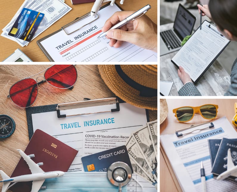 Person filling out a travel insurance form with credit cards and passport on the table